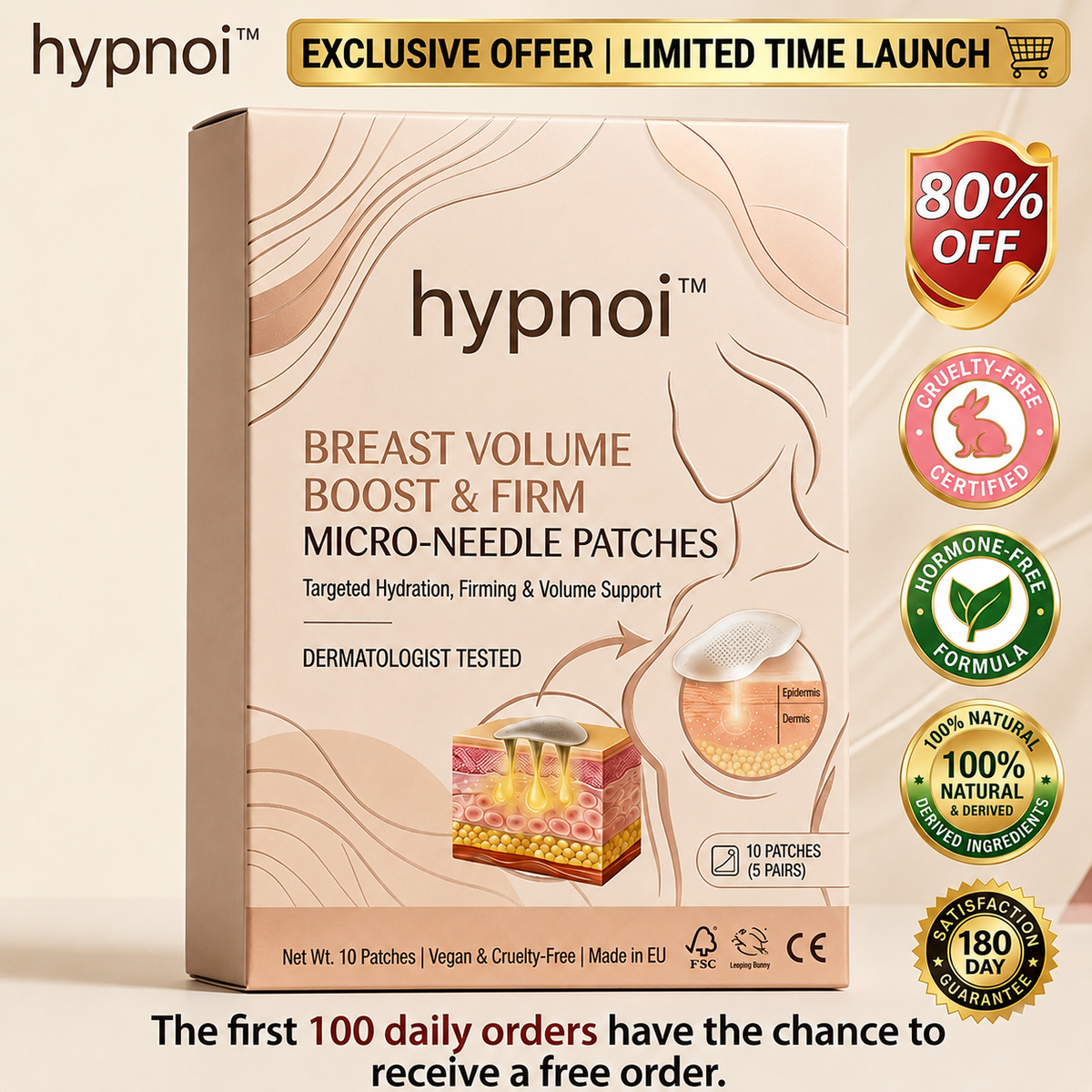 hypnoi Targeted Bust Firming Nano-Microneedle Patch box and patches